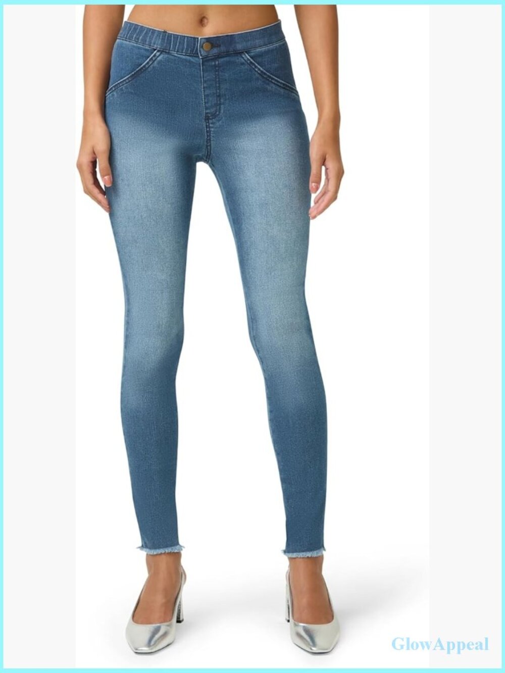 Frayed Edge Denim Leggings Mid Rise Skinny Pull On Stretch